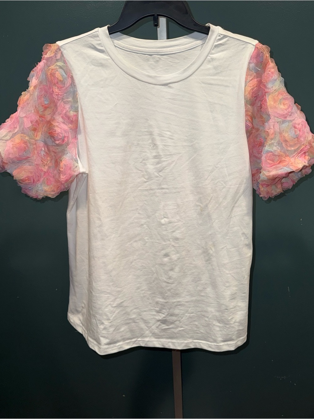 White Tee with Pastel Pink Floral Puff Sleeves